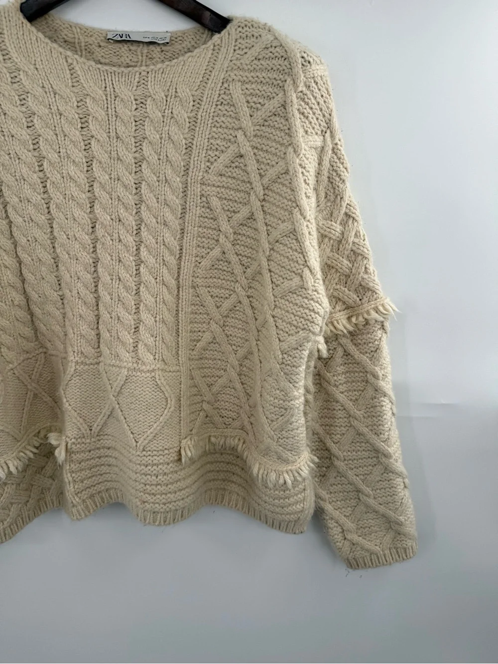 ZARA Women’s M Cream Cable Knit Patchwork Fringe Sweater Chunky Boho Pullover
